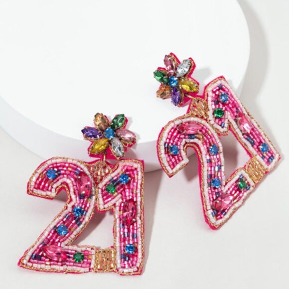 21st Birthday Premium Beaded Crystal Accent Pink Multi 21 Earrings - Picture 1 of 2